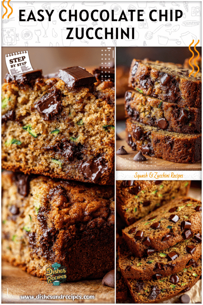 Moist chocolate chip zucchini bread slices with melted chocolate chunks on top.
